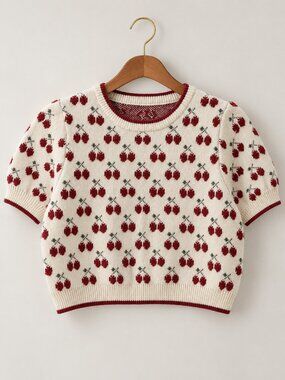 Cider Cherry Print Puff Short Sleeve Knit Sweater Top Cottagecore Grandmacore
